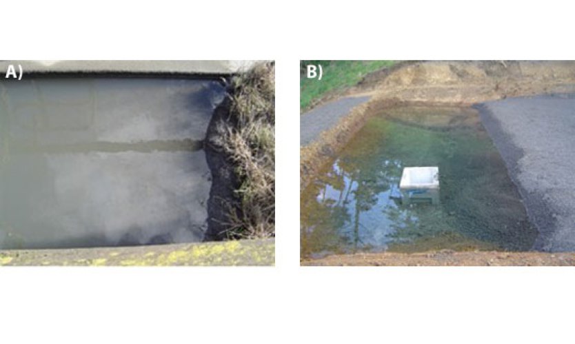 A) Storm water before slag filtration and B) clarified storm water after slag filtration